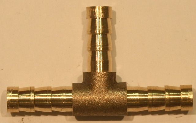 (image for) Fuel pipe 3 way T piece, barbed, 1/4inch 6mm brass