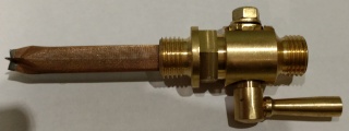Petrol tap, lever arm, brass, 1/4in BSP, lrg bore inc filter UK